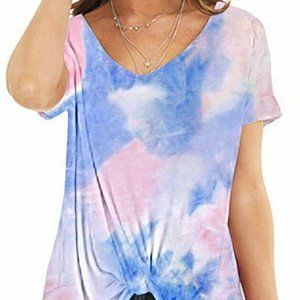 NWT AMCLOS PINK/BLUE TIE DYE V-NECK FRONT KNOT TWIST SHIRT SMALL